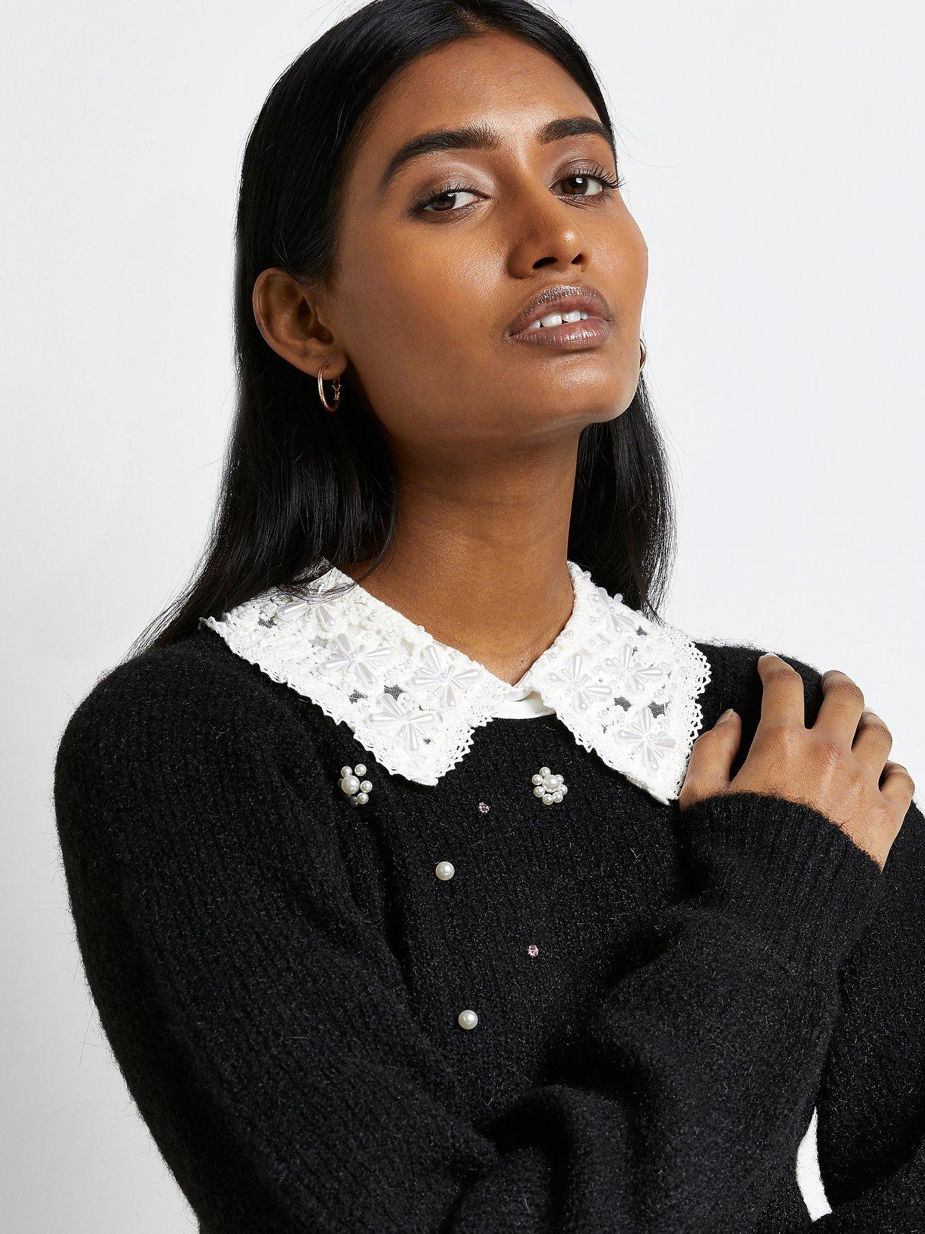 Knitwear Embellished Collar Jumper - Black