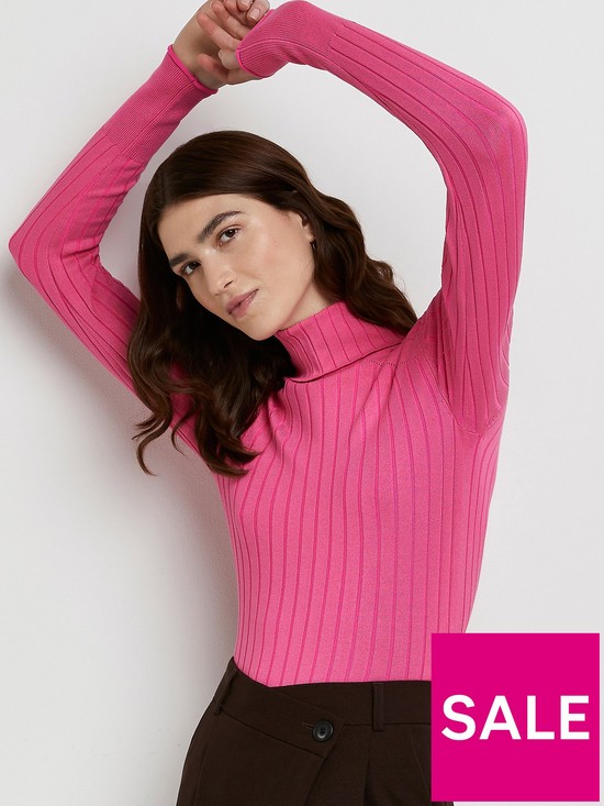 front image of river-island-wide-rib-roll-neck-top-pink