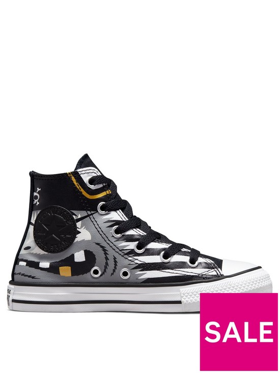 front image of converse-chuck-taylor-all-star-hi-childrens-boys-pirate-print-trainers--whiteblackgold