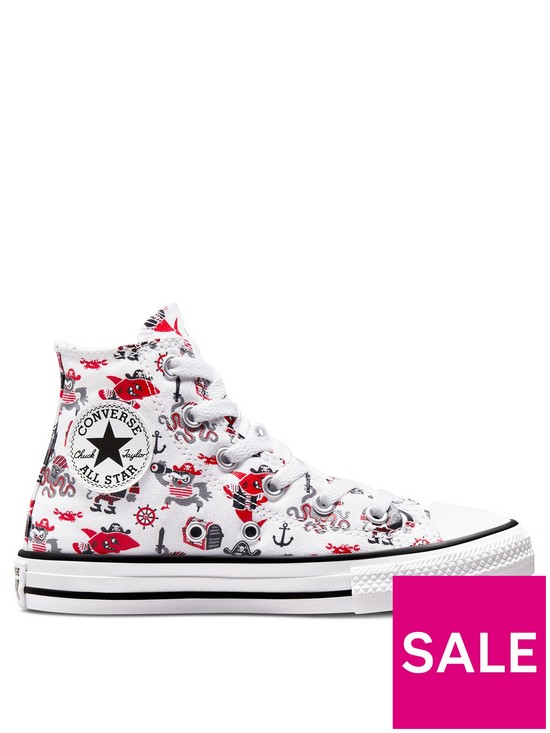 front image of converse-chuck-taylor-all-star-hi-childrens-boys-pirate-print-trainers--whitemulti