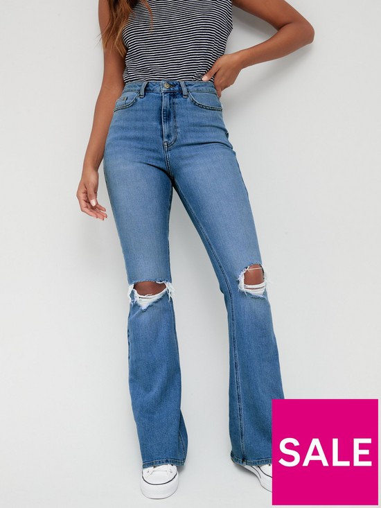 front image of v-by-very-high-waist-forever-flare-jean-with-knee-rip-mid-washnbsp