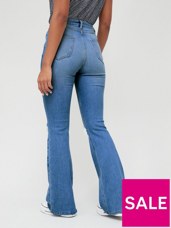 stillFront image of v-by-very-high-waist-forever-flare-jean-with-knee-rip-mid-washnbsp