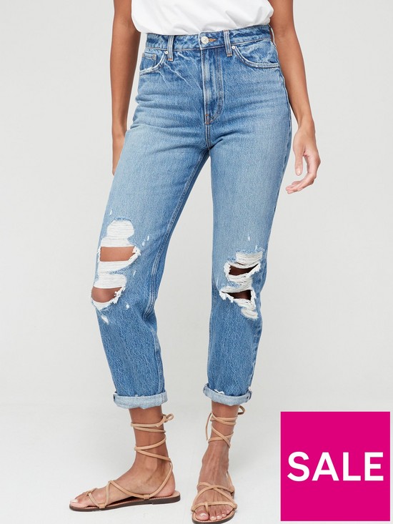 front image of v-by-very-mom-high-waist-jean-with-busted-knees-light-wash