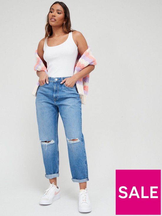 front image of v-by-very-mom-high-waist-jean-with-knee-rips-mid-wash