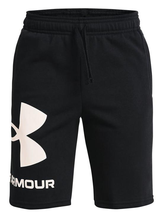 front image of under-armour-boys-rival-large-logo-shorts