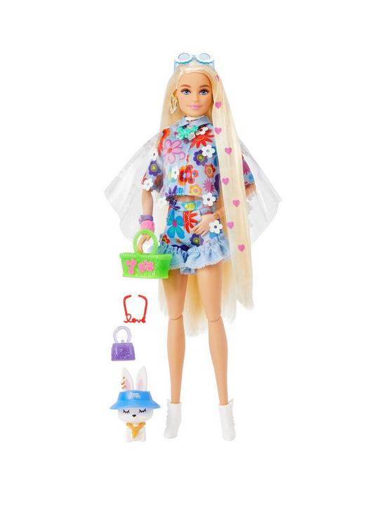 front image of barbie-extra-doll-12-in-floral-2-piece-outfit-with-pet-bunny