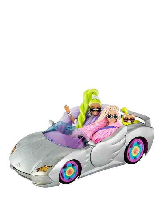 front image of barbie-extra-silver-car-with-rolling-wheels-pet-puppy-amp-accessories