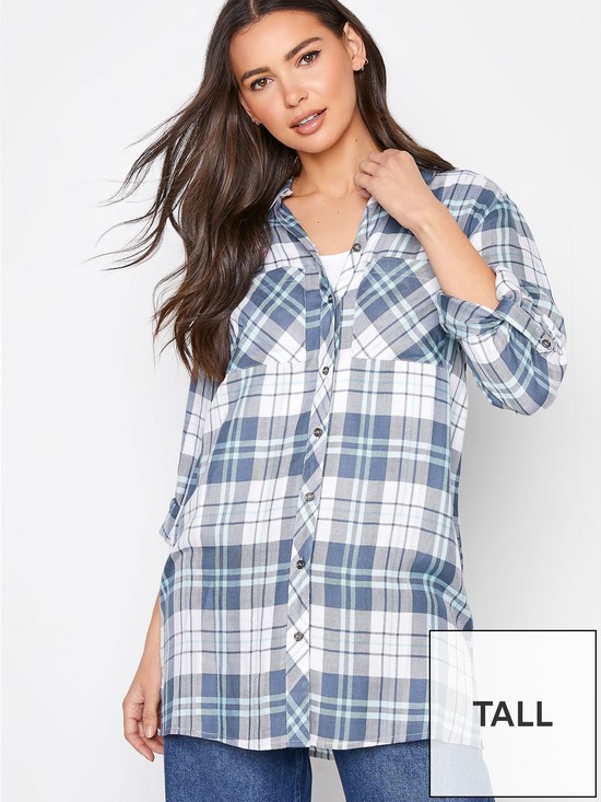 front image of long-tall-sally-check-boyfriend-shirt-blue