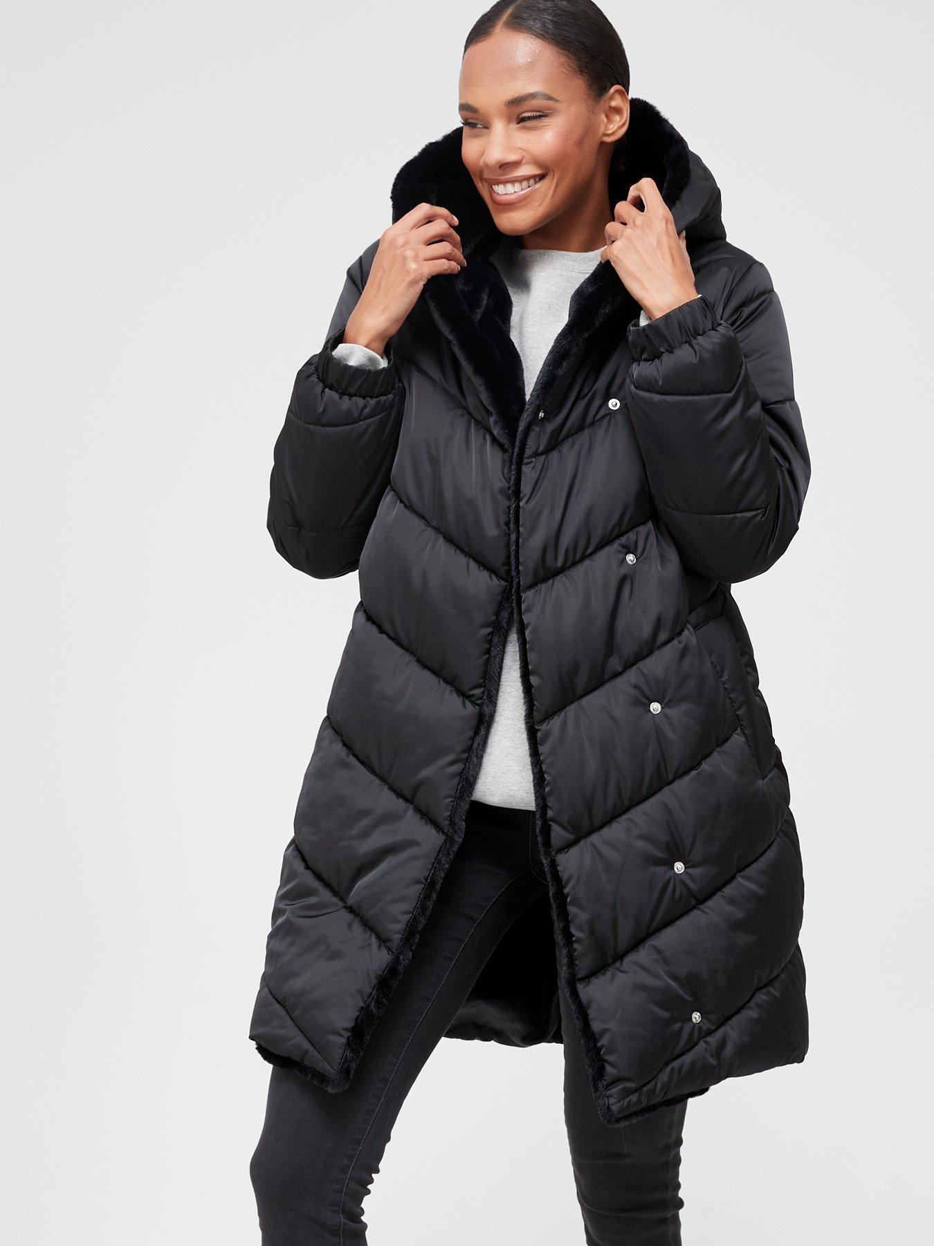 Black faux fur 2025 collar padded jacket