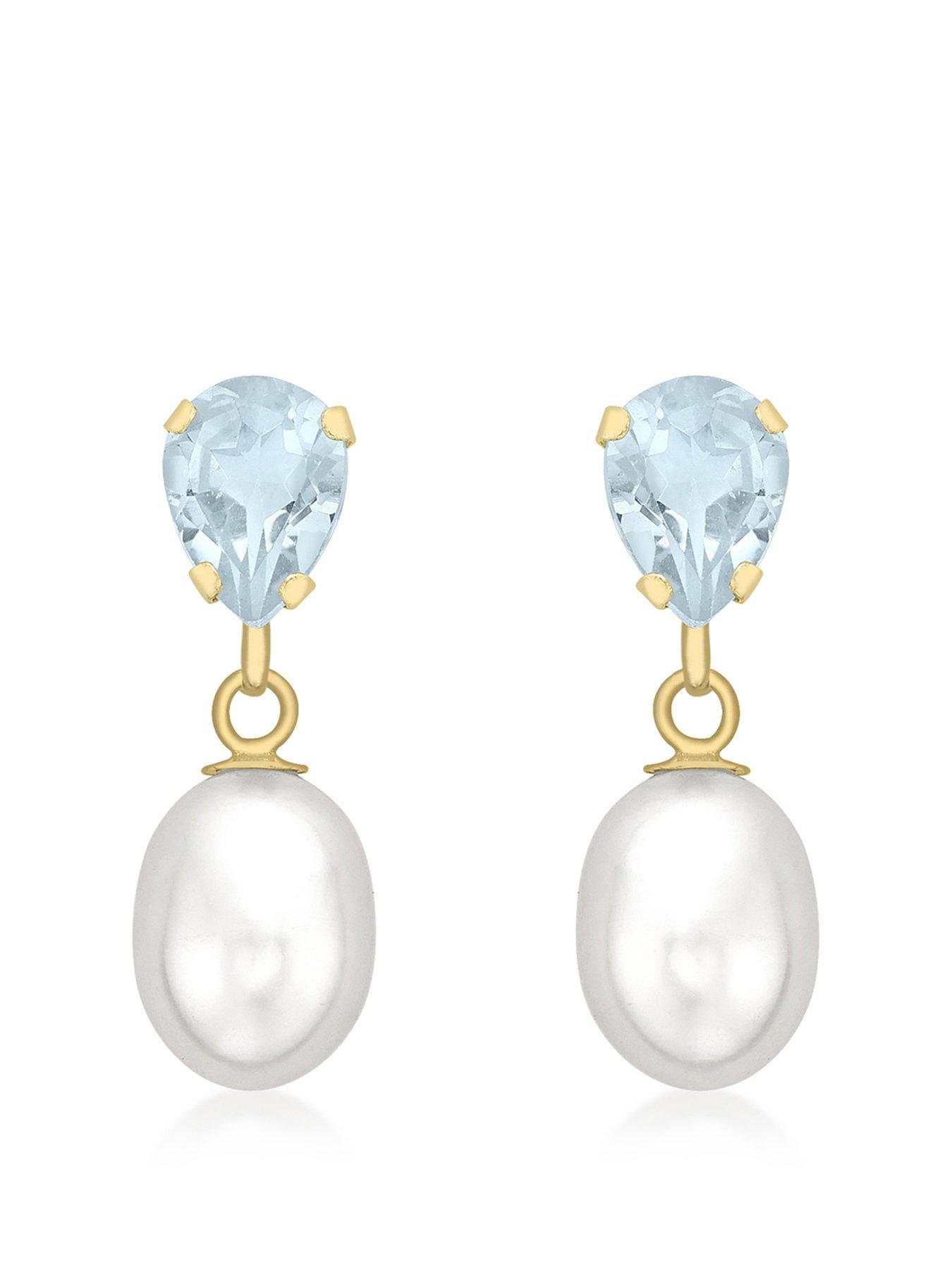 The Love Collection 9ct Yellow Gold Blue Topaz and Pearl 7mm x 20mm Teardrop Earrings