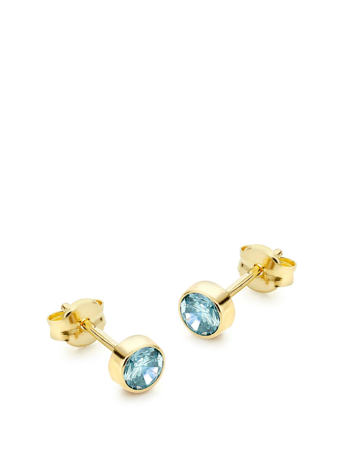 Women 9ct Yellow Gold Light Blue CZ 4.5mm Stud Earrings