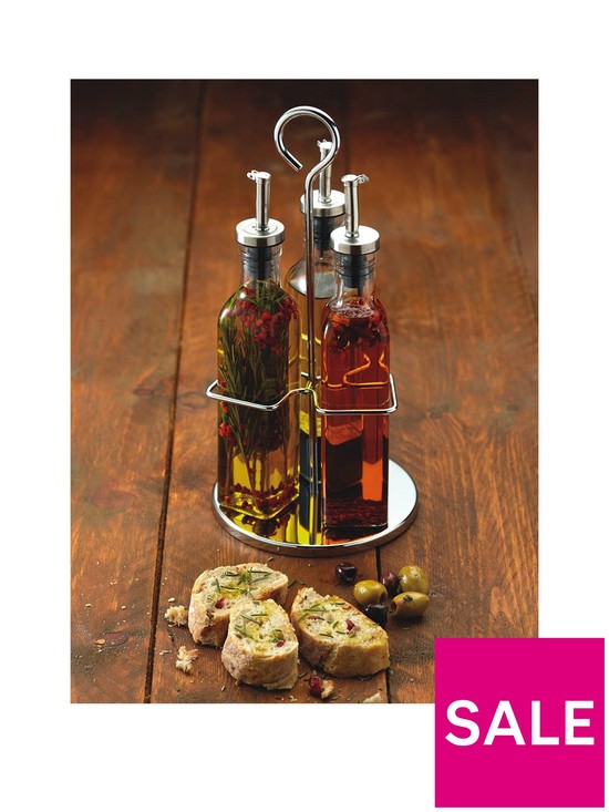front image of kitchencraft-world-of-flavours-italian-three-bottle-oil-and-vinegar-set-with-stand