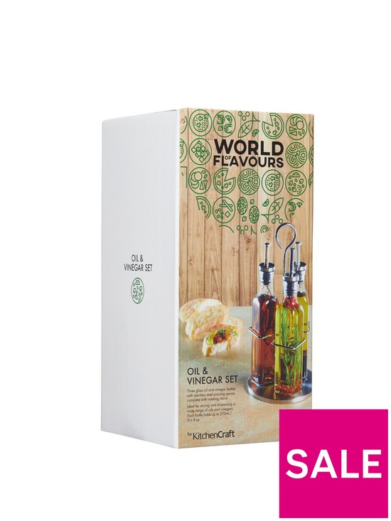stillFront image of kitchencraft-world-of-flavours-italian-three-bottle-oil-and-vinegar-set-with-stand