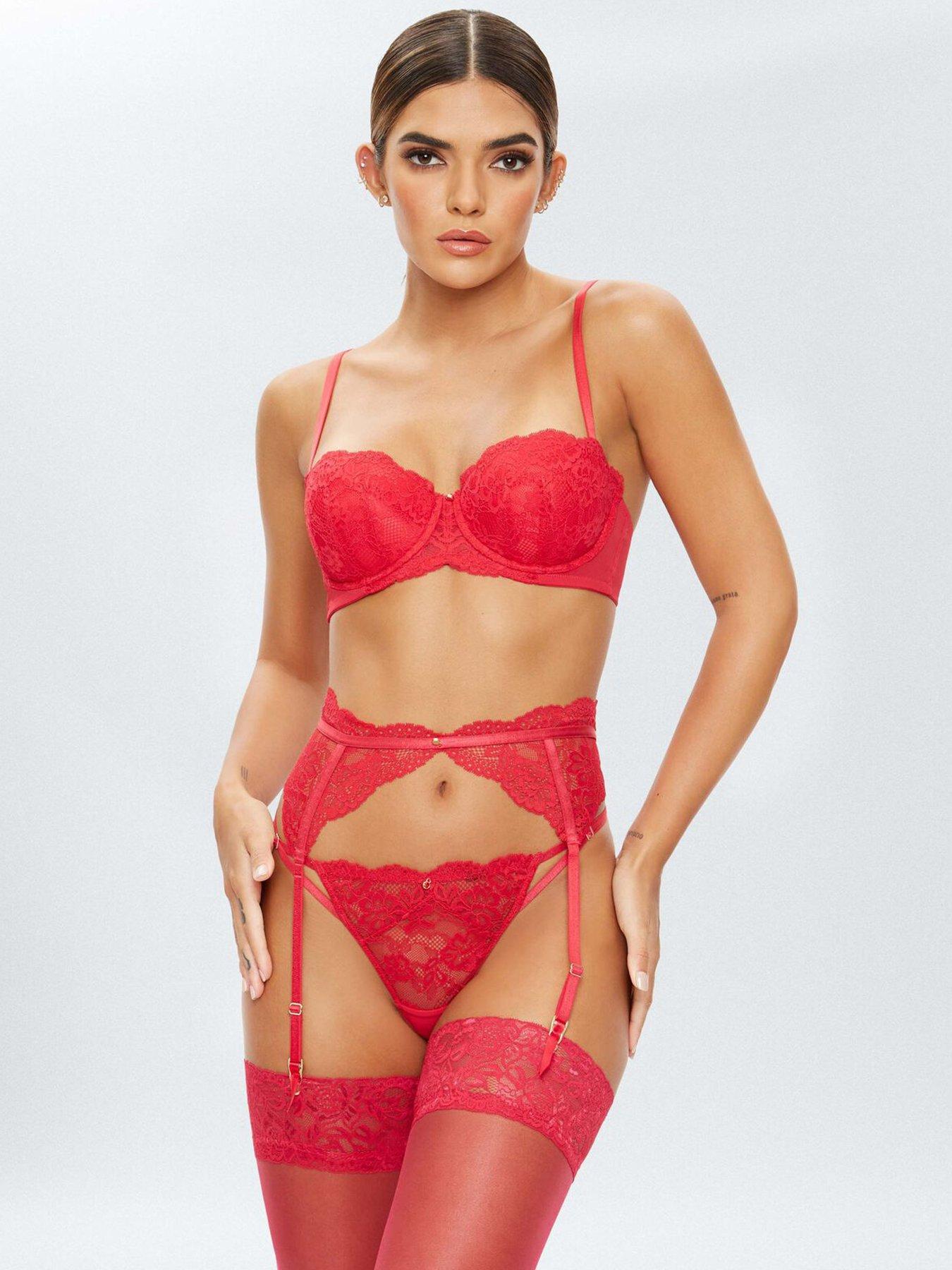 RED WITH BLACK LACE GARTER / SUSPENDER BELT WITH G STRING