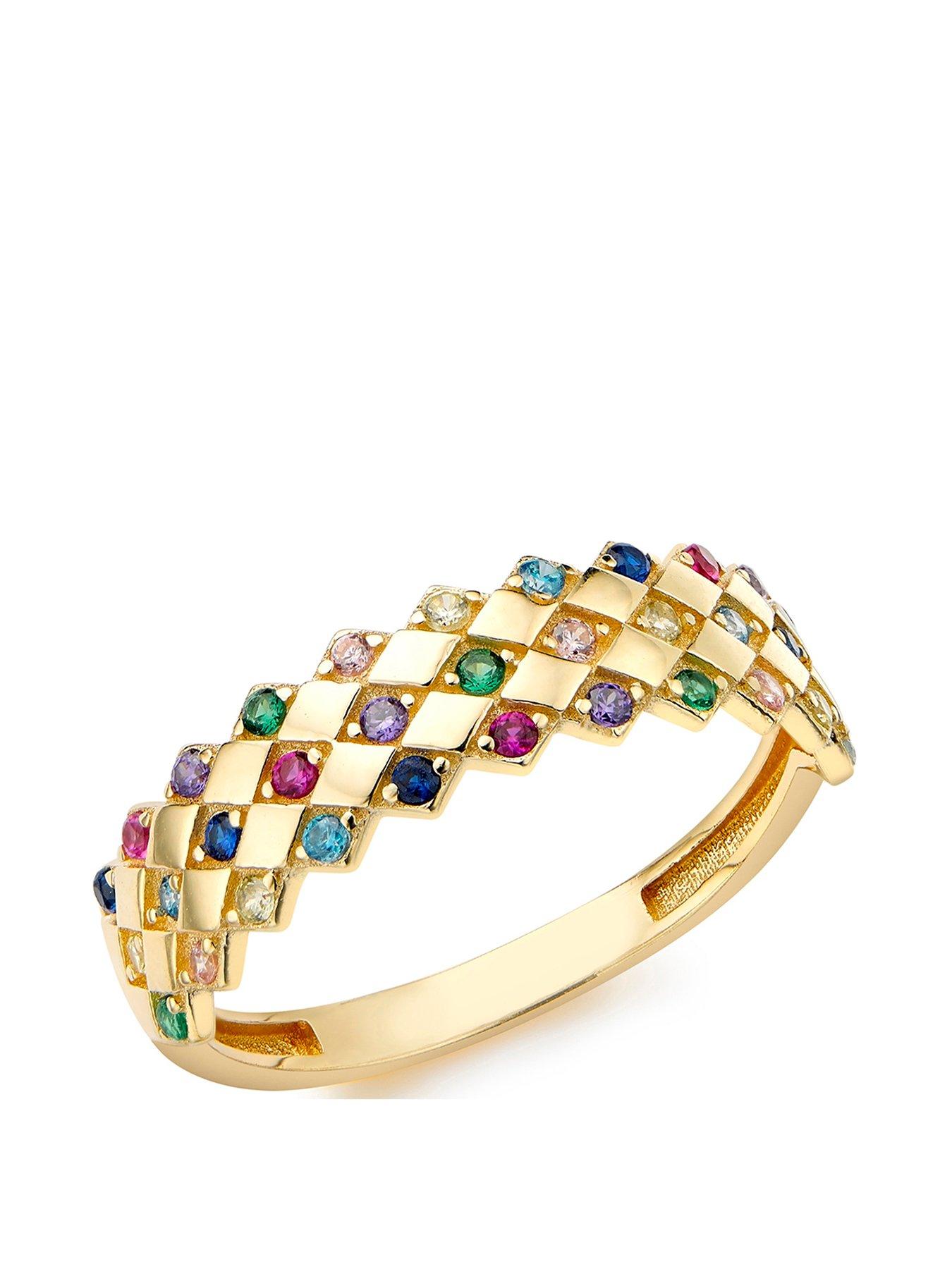 The Love Collection 9ct Yellow Gold 33 x 1mm Multi-Colour Round CZ 5mm Rhombus-Pattern Ring
