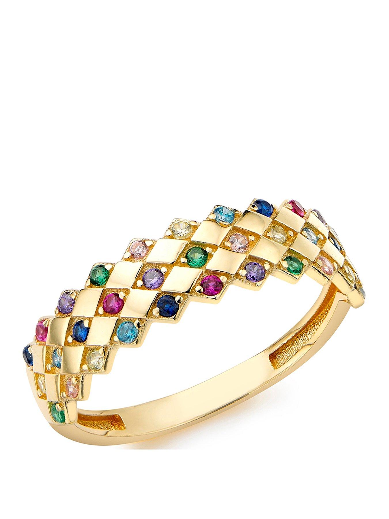 The Love Collection 9ct Yellow Gold 33 x 1mm Multi-Colour Round CZ 5mm Rhombus-Pattern Ring