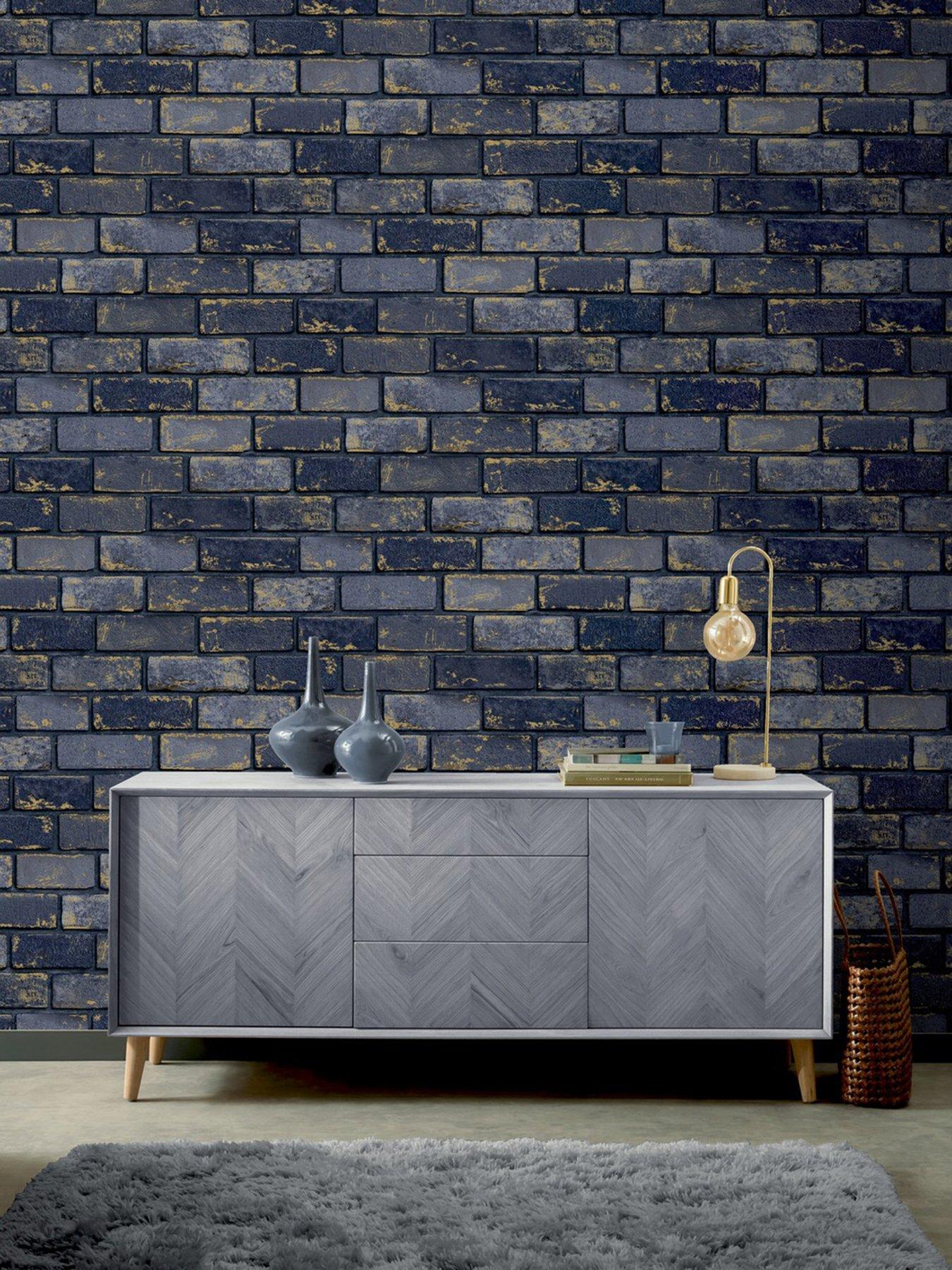 Product photograph of Arthouse Metallic Brick Navy Wallpaper from very.co.uk