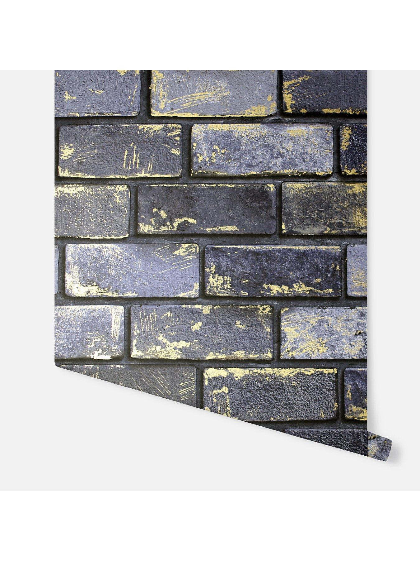 Image 4 of 5 of ARTHOUSE Metallic Brick Navy Wallpaper