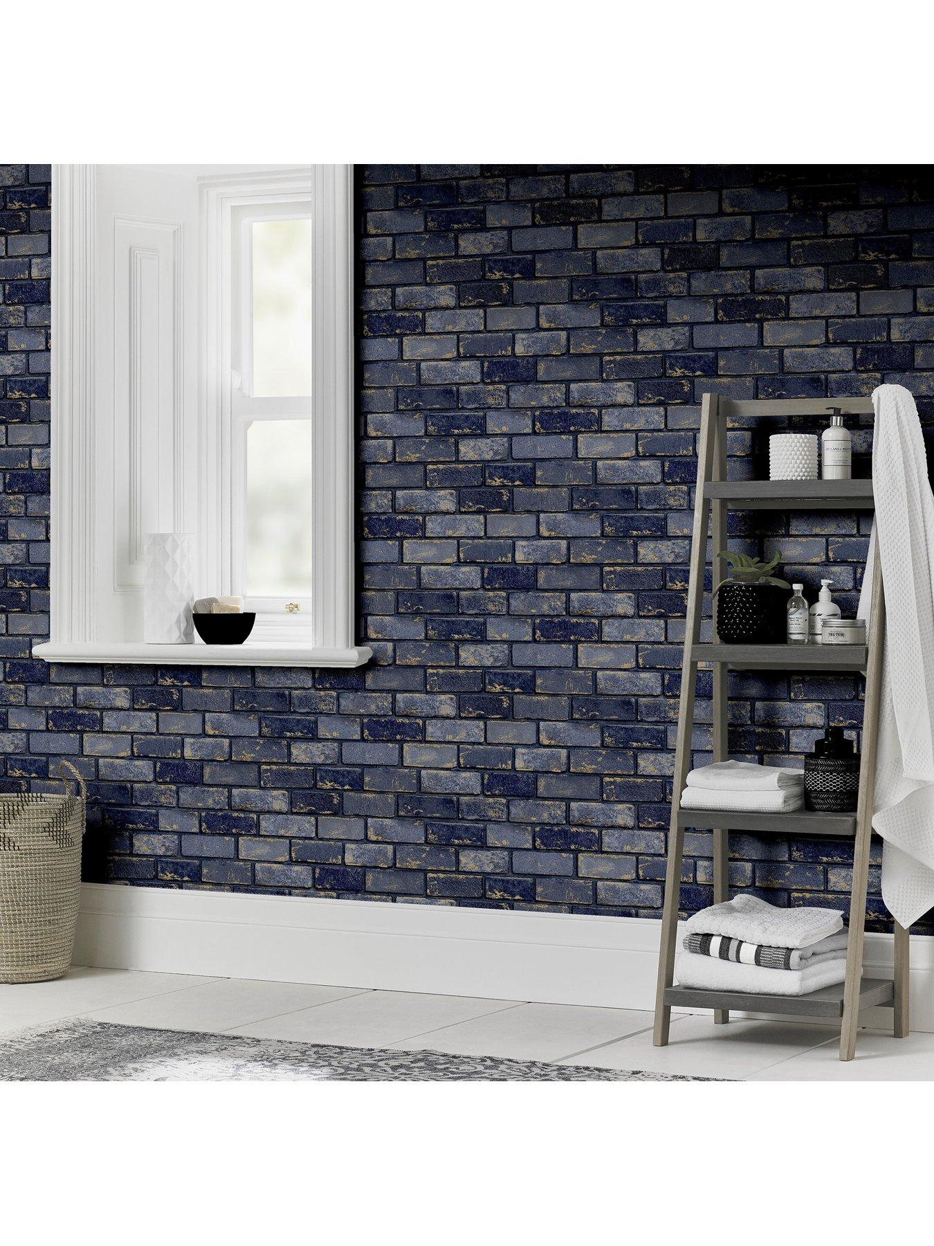 Image 5 of 5 of ARTHOUSE Metallic Brick Navy Wallpaper