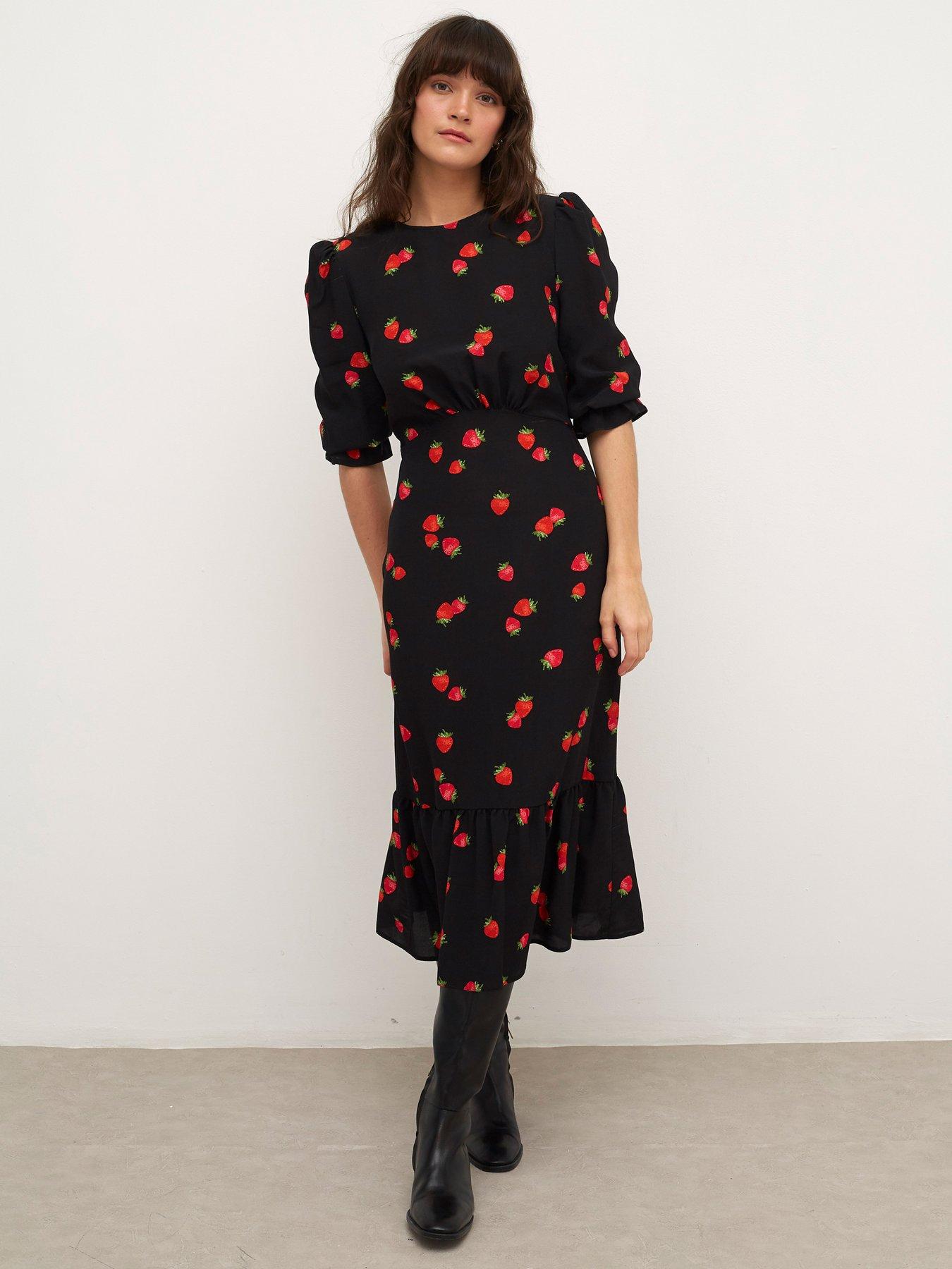 Nobodys Child Selena Strawberry Print Midi Dress - Black | very.co.uk