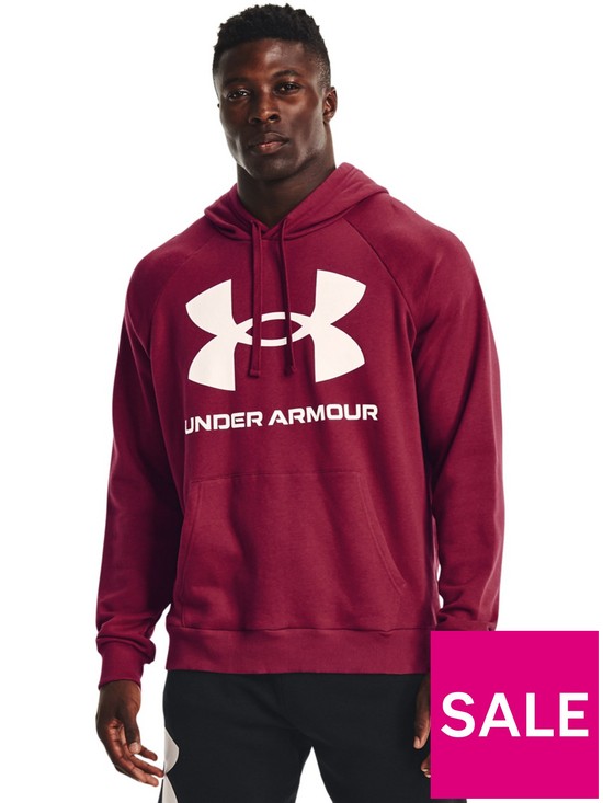 front image of under-armour-training-rival-fleece-big-logo-hoodie-burgundywhite