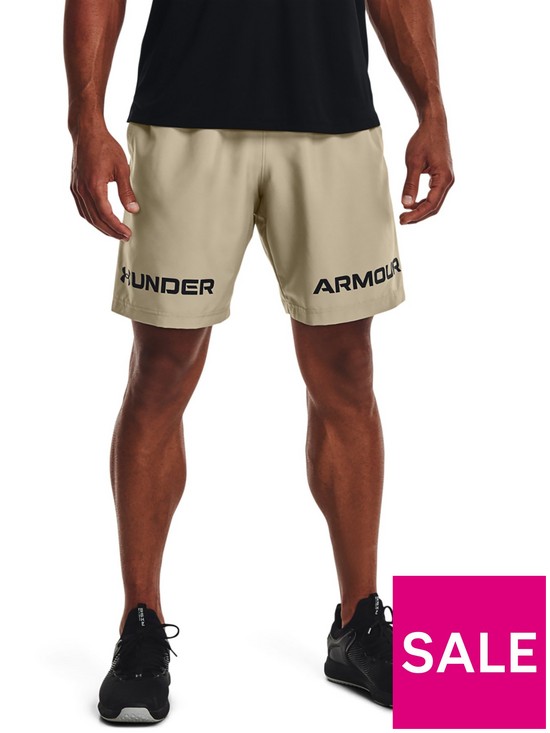 front image of under-armour-training-woven-graphic-wordmark-shorts-light-khaki