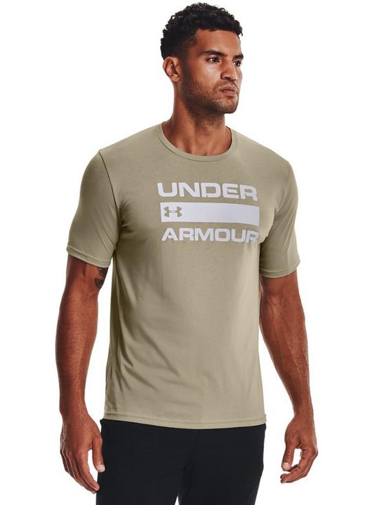 front image of under-armour-training-team-issue-wordmark-short-sleevenbspt-shirt-light-khaki