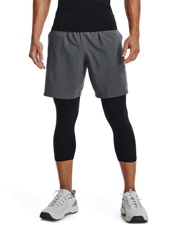 front image of under-armour-training-woven-graphic-shorts-greyblack