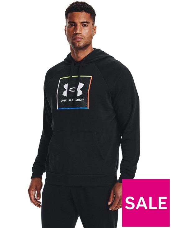 front image of under-armour-training-rival-fleece-graphic-hoodie-blackwhite