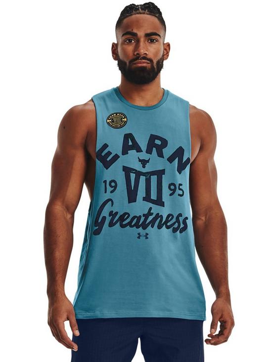 front image of under-armour-training-project-rock-earn-greatness-tank-top-blue