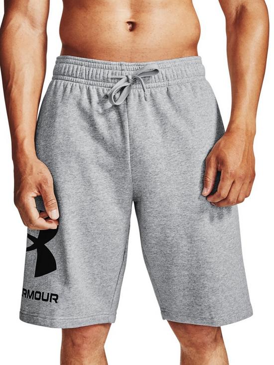 front image of under-armour-training-plus-size-rival-fleece-big-logo-shorts-grey-heather
