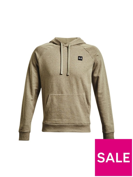 front image of under-armour-training-rival-fleece-hoodie-light-khaki