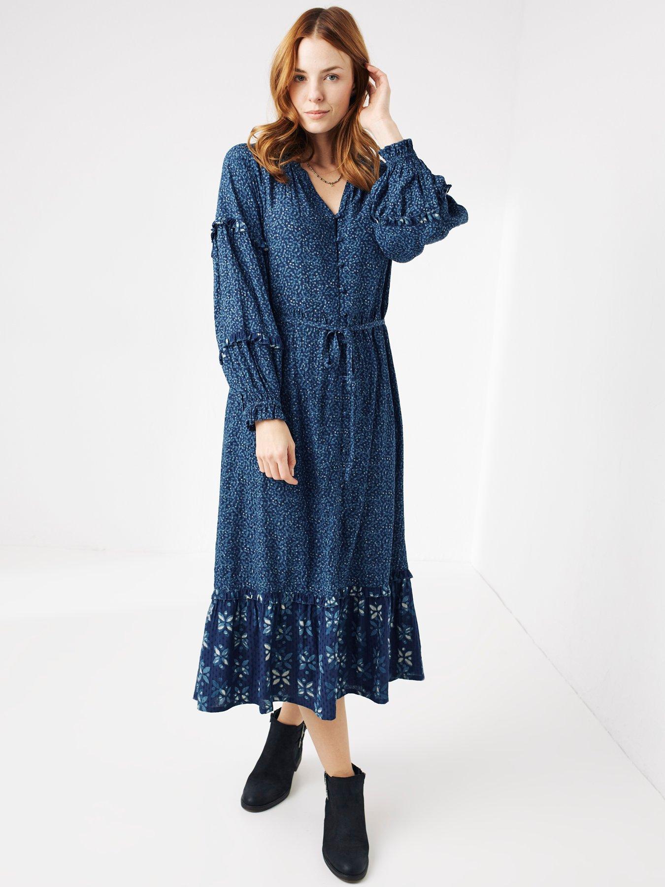 Cora Woodblock Patchwork Dress Blue
