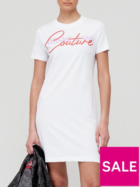 stillFront image of versace-jeans-couture-script-logo-t-shirt-dress-white