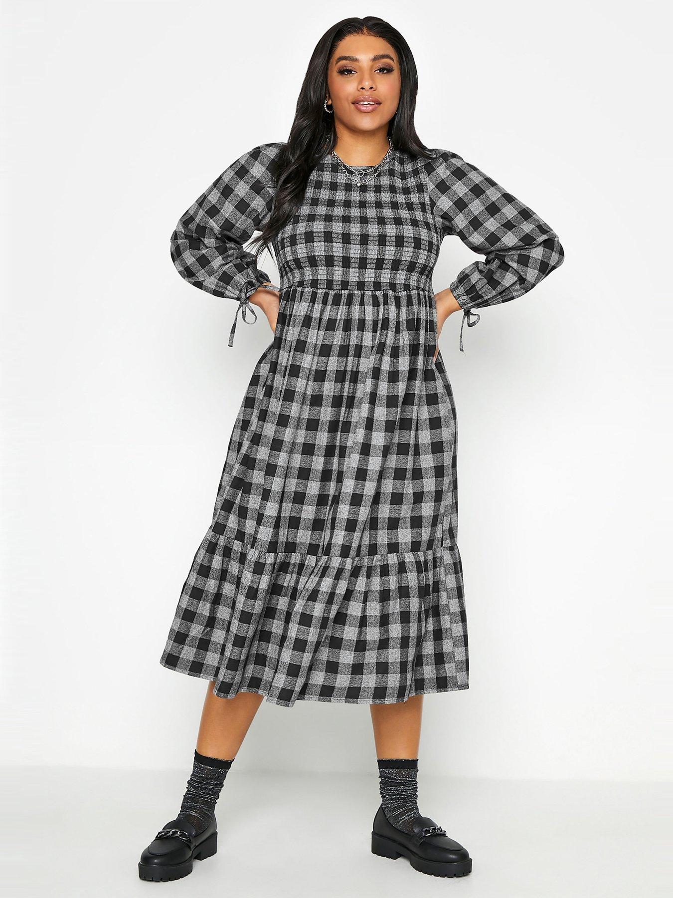 Women Limited Collection Shirred Square Neck Tier Dress Charcoal Check