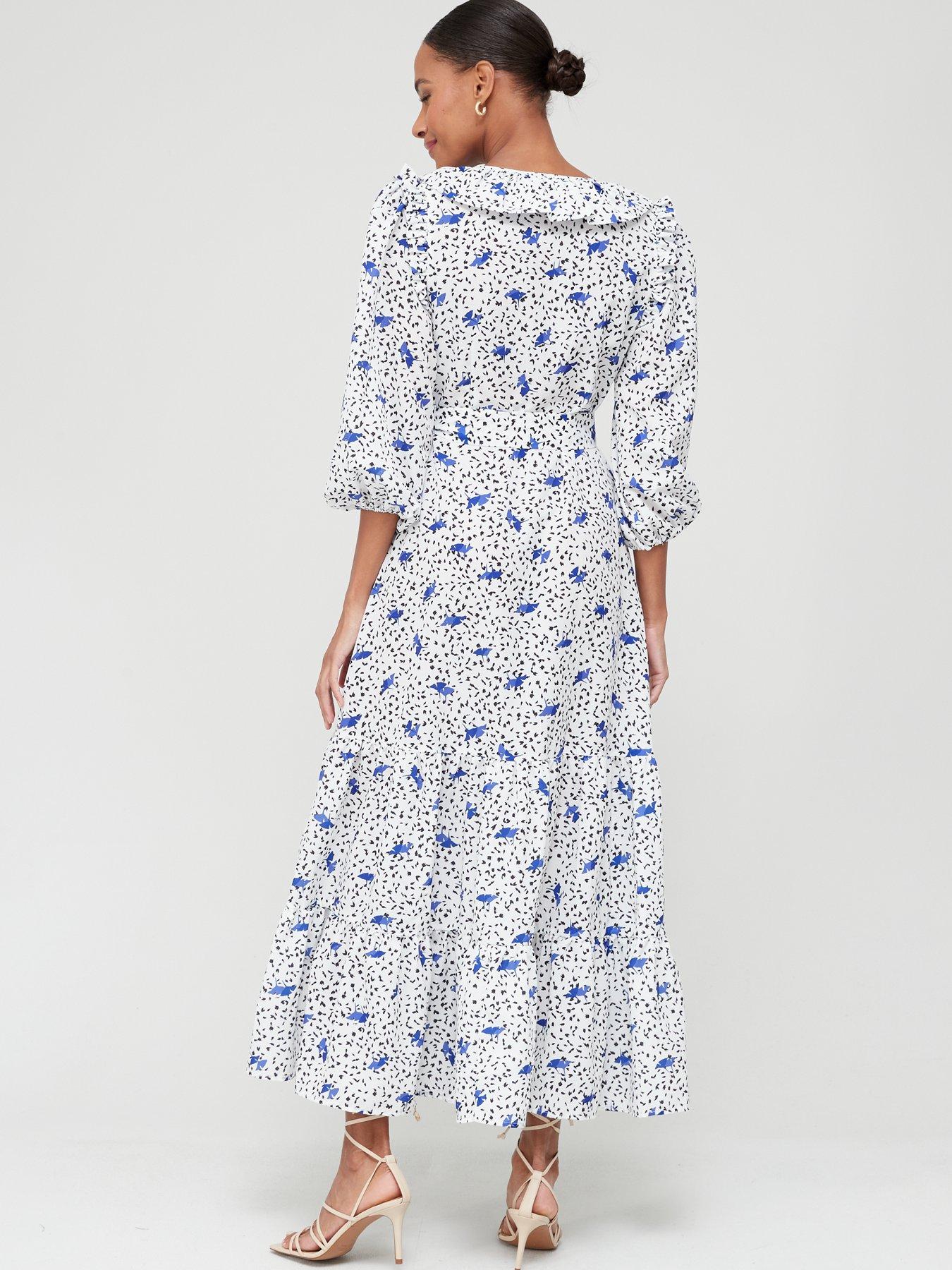 V by Very Ruffle Wrap Midi Dress - Blue Print | very.co.uk