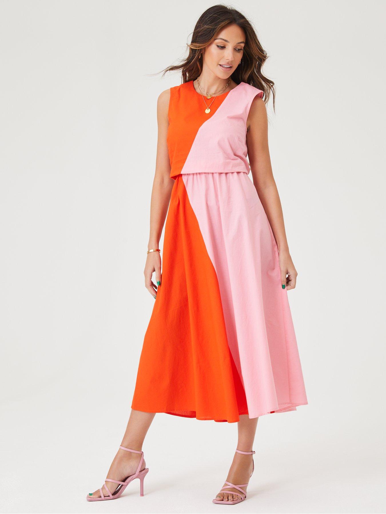 Michelle Keegan Colour Block Midi Dress - Pink