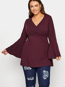 yours-yours-limited-collection-wrap-jersey-rib-flare-sleeve-top-plum