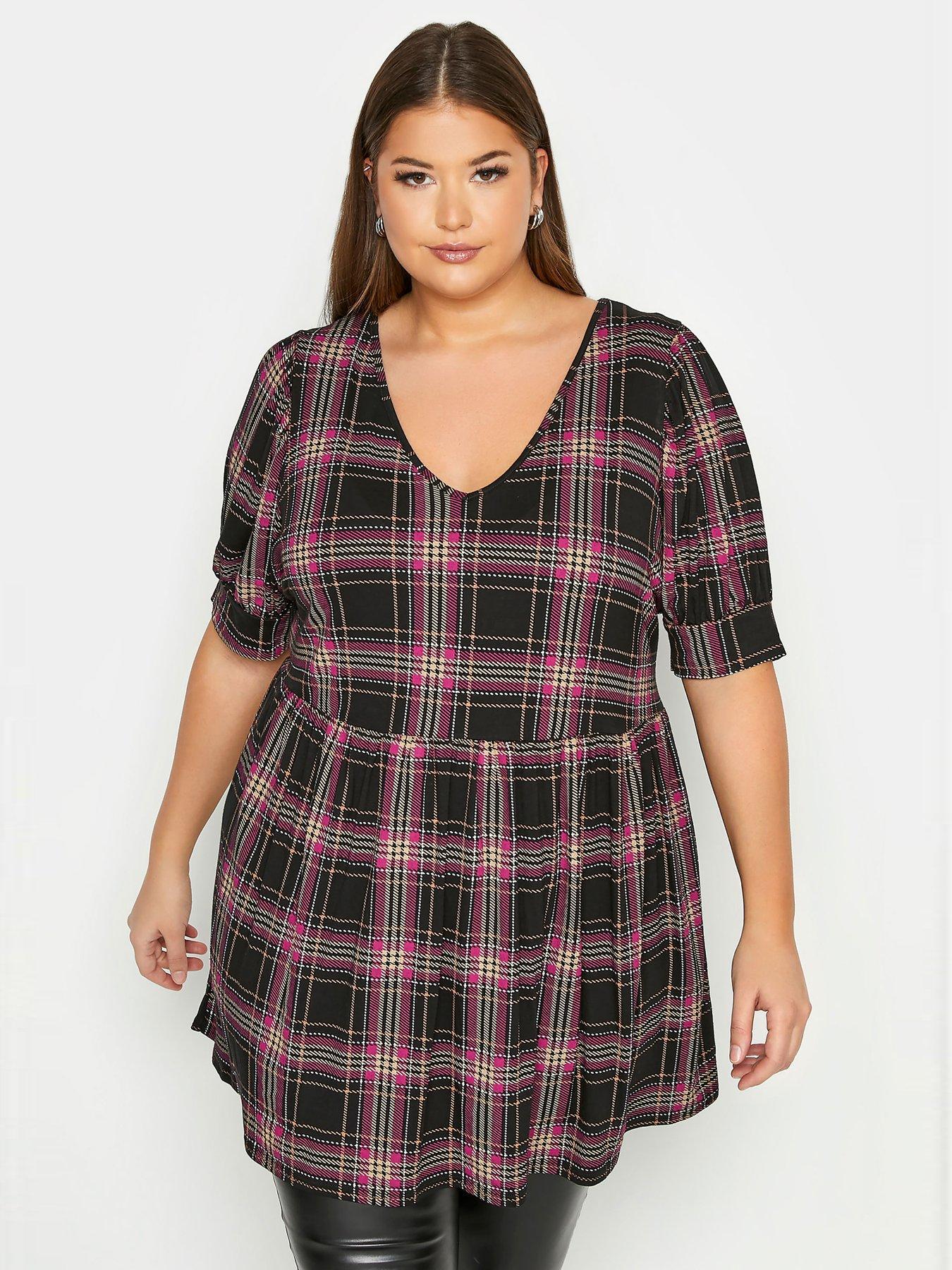Women Limited Collection Puff Sleeve Peplum Black & Pink Check