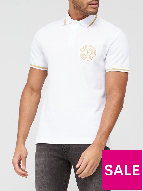front image of versace-jeans-couture-embroidered-emblem-logo-polo-shirt-white
