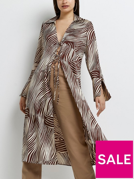 front image of river-island-long-satin-tie-front-shirt-brown
