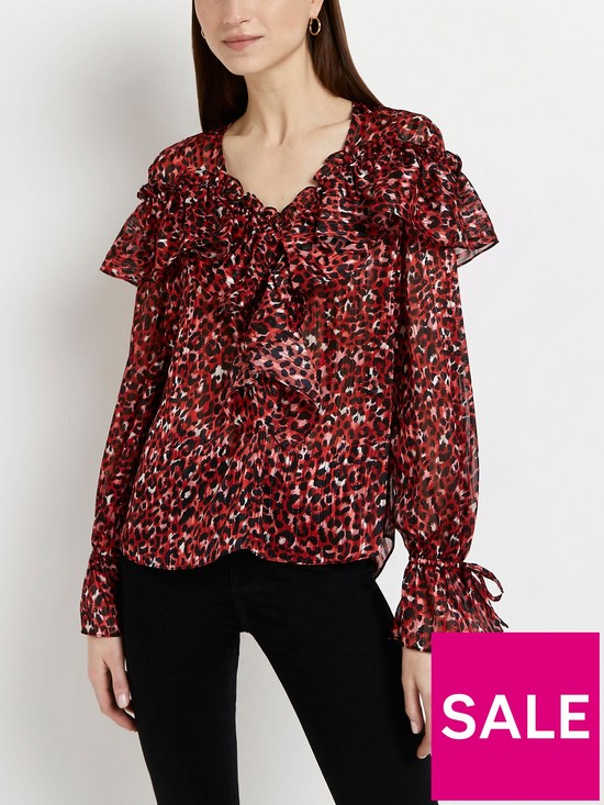 front image of river-island-frill-chiffon-animal-top-red