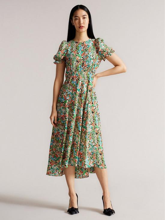 front image of ted-baker-puff-sleeve-midi-dress