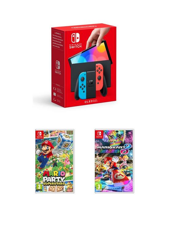 front image of nintendo-switch-oled-oled-neon-console-withnbspmario-party-superstars-amp-mario-kart-8