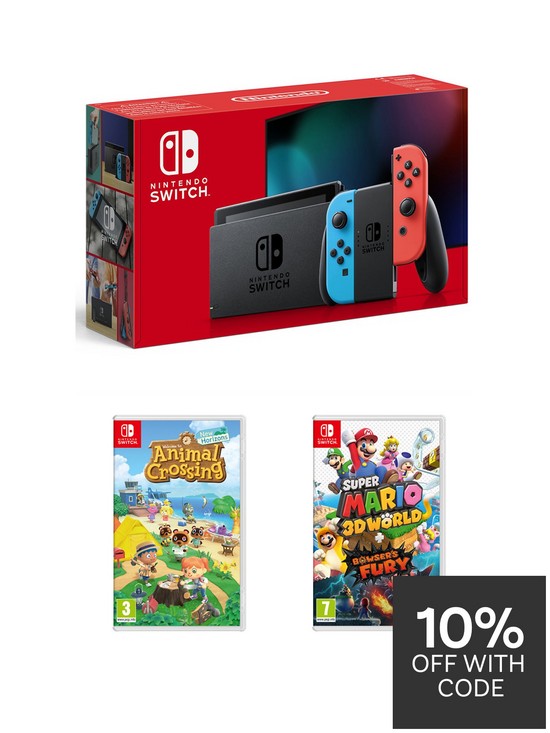 front image of nintendo-switch-neon-console-with-super-mario-3d-world-bowserrsquos-fury-amp-animal-crossing