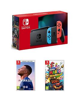 Nintendo Switch Neon Console With Super Mario 3D World + Bowser'S Fury Plus Fifa 22
