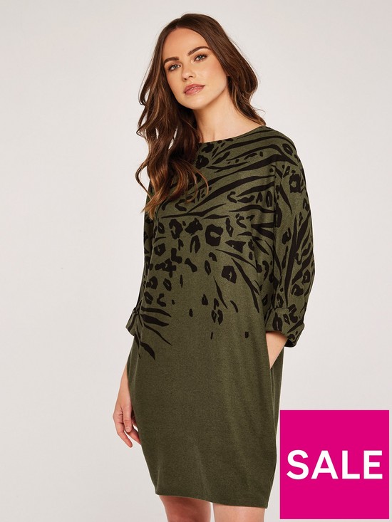 front image of apricot-leopard-and-zebra-cocoon-dress-khaki