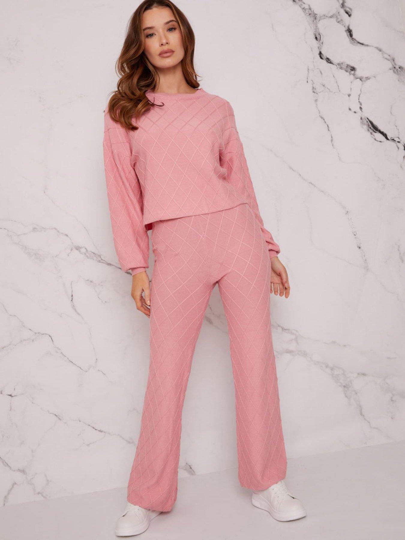 Women Diamond Stitch Loungewear Set - Pink