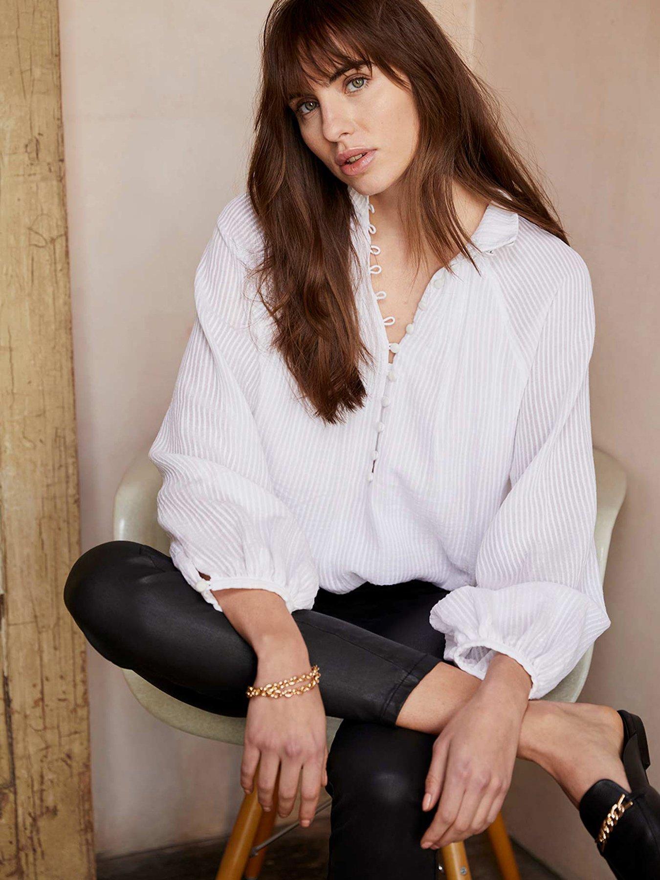 Striped High Neck Blouse - White