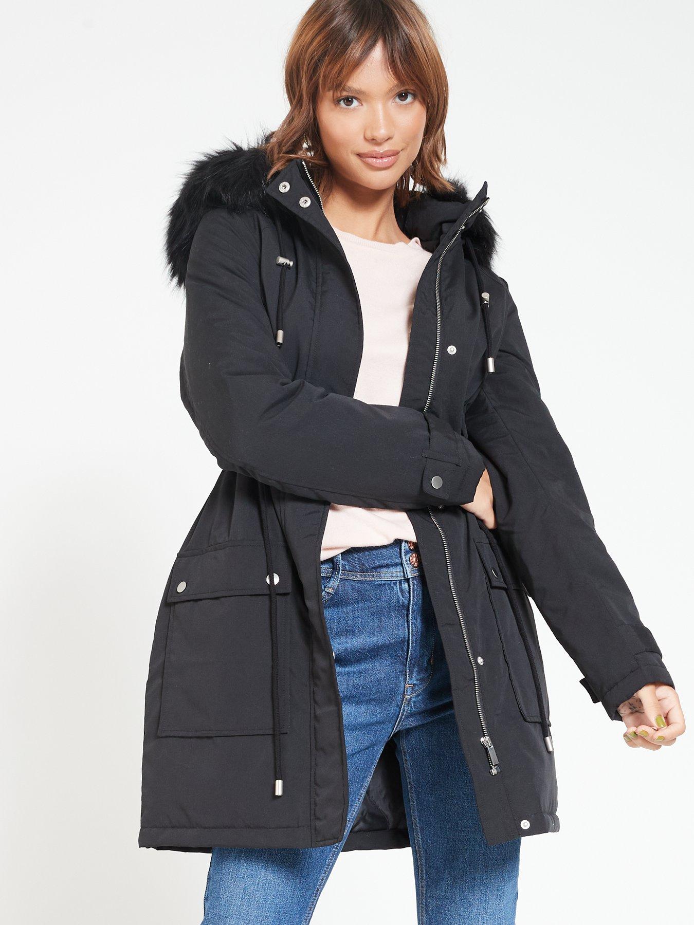 womens black coat with fur trim